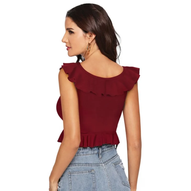 Generic Women's Polyester Solid Sleeveless Ruffle Neck Top (Maroon) - Image 3