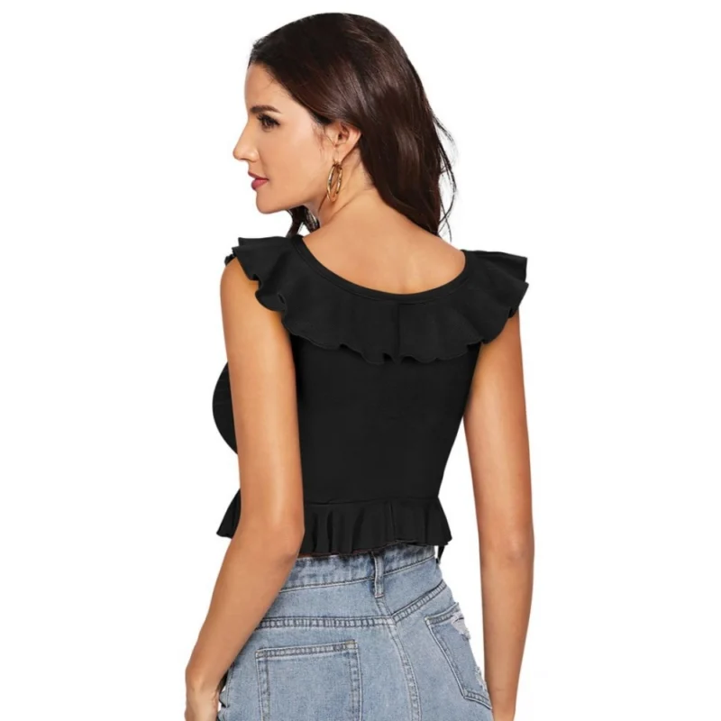 Generic Women's Polyester Solid Sleeveless Ruffle Neck Top (Black) - Image 2