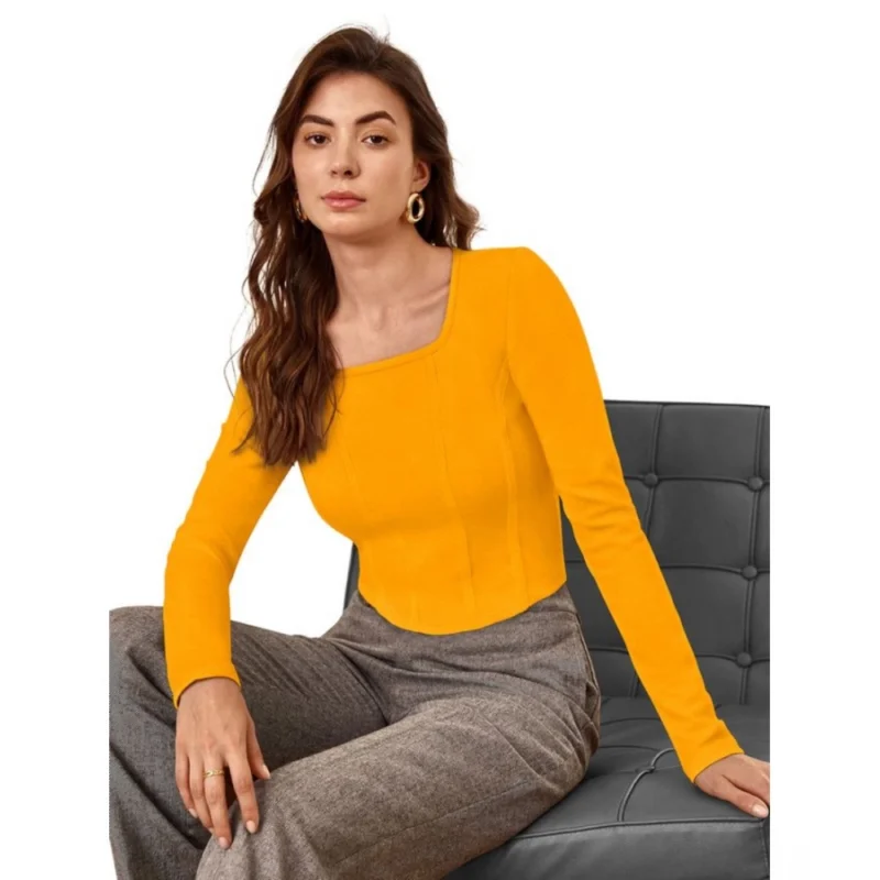 Generic Women's Polyester Solid Full Sleeves Square Neck Top (Yellow) - Image 5
