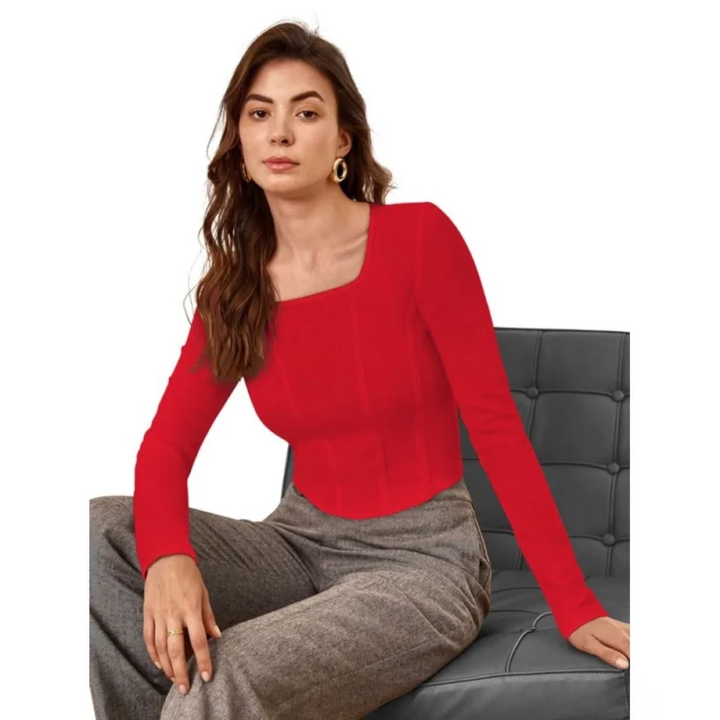Generic Women's Polyester Solid Full Sleeves Square Neck Top (Red) - Image 5