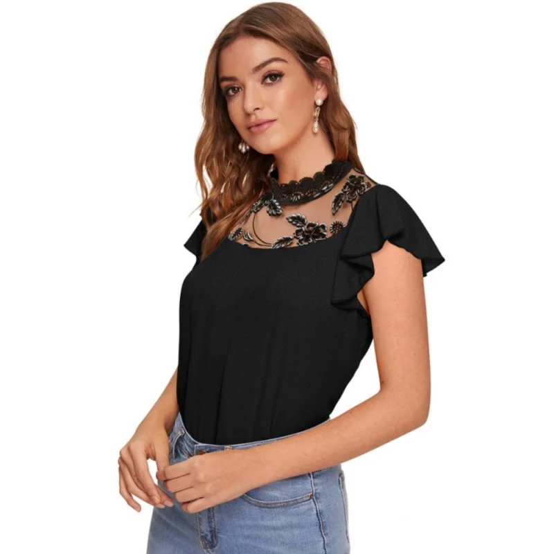 Generic Women's Polyester Solid Cap Sleeve Sweetheart Neck Top (Black) - Image 6