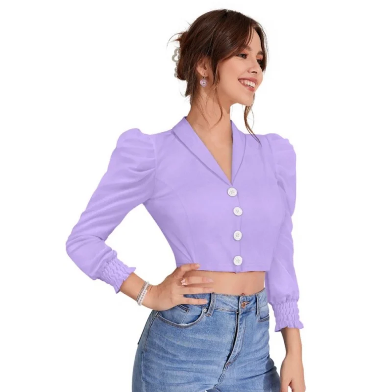 Generic Women's Polyester Solid Puff Sleeves Lapel Collar Top (Purple) - Image 5