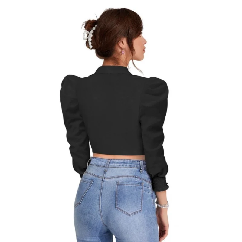 Generic Women's Polyester Solid Puff Sleeves Lapel Collar Top (Black) - Image 3