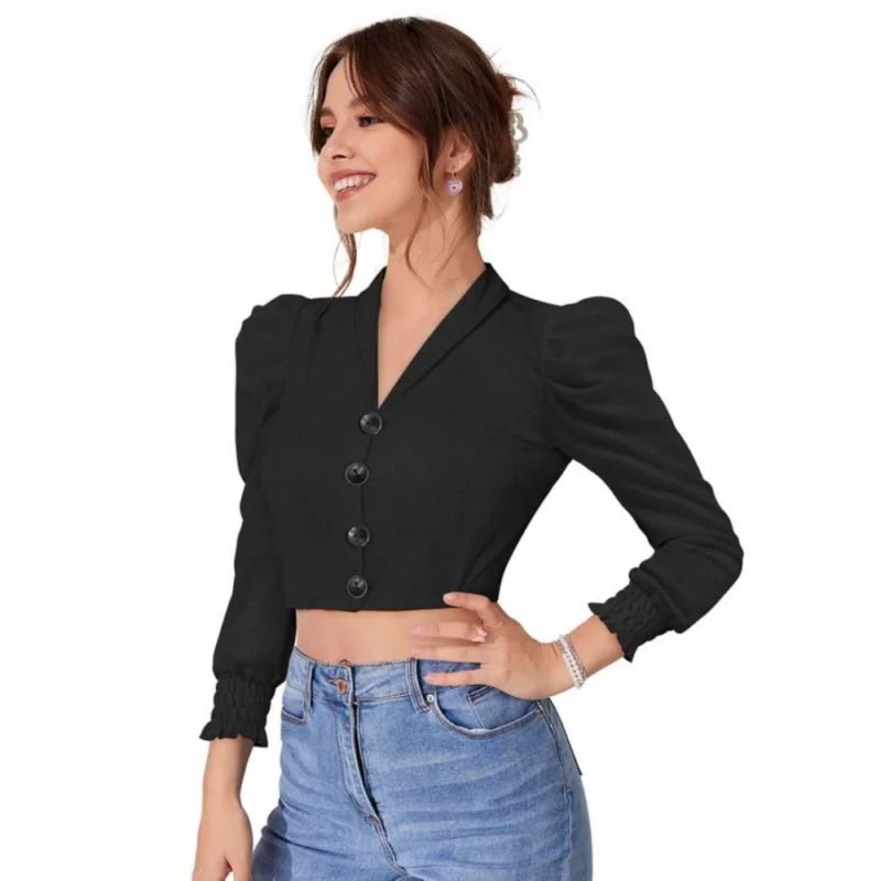 Generic Women's Polyester Solid Puff Sleeves Lapel Collar Top (Black) - Image 6