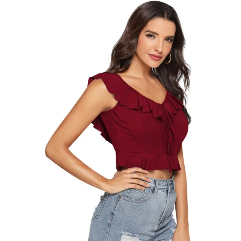 Generic Women's Polyester Solid Sleeveless Ruffle Neck Top (Maroon) - Image 6