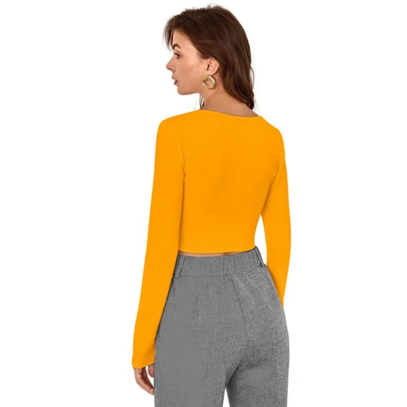 Generic Women's Polyester Solid Full Sleeves Square Neck Top (Yellow) - Image 2