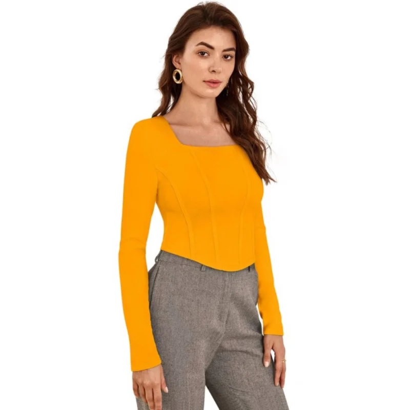 Generic Women's Polyester Solid Full Sleeves Square Neck Top (Yellow) - Image 3