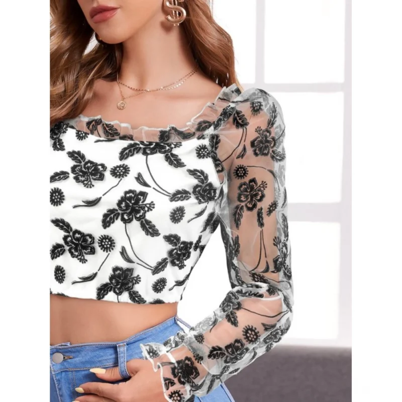 Generic Women's Polyester Solid Full Sleeves Square Collar Top (White) - Image 3