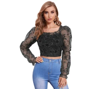 Generic Women's Polyester Solid Full Sleeves Square Collar Top (Black)