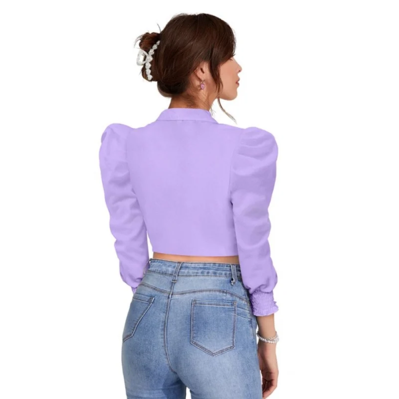 Generic Women's Polyester Solid Puff Sleeves Lapel Collar Top (Purple) - Image 2