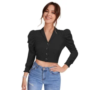 Generic Women's Polyester Solid Puff Sleeves Lapel Collar Top (Black)