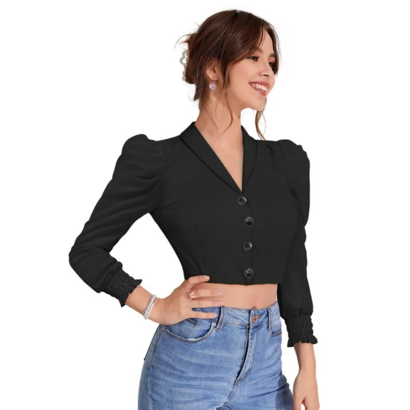 Generic Women's Polyester Solid Puff Sleeves Lapel Collar Top (Black) - Image 5
