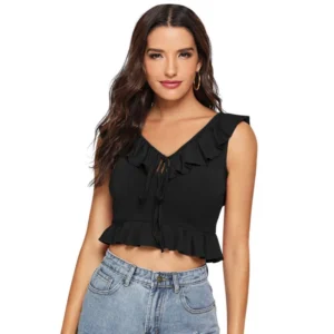 Generic Women's Polyester Solid Sleeveless Ruffle Neck Top (Black)
