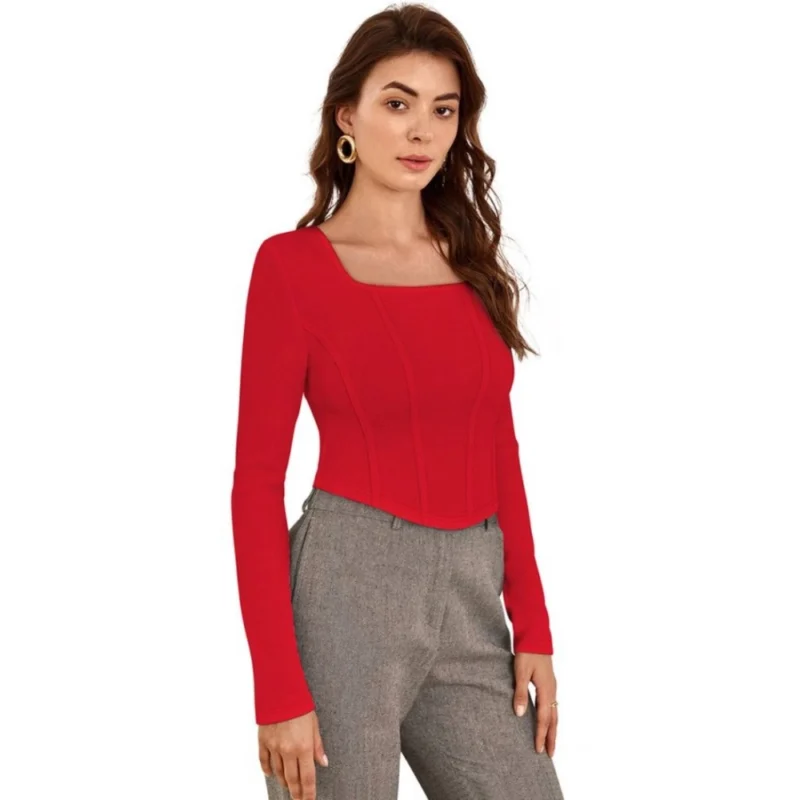 Generic Women's Polyester Solid Full Sleeves Square Neck Top (Red) - Image 6
