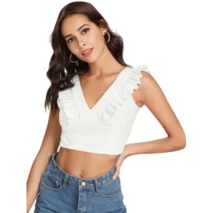 Generic Women's Polyester Solid Sleeveless Shoulder Straps Top (White)