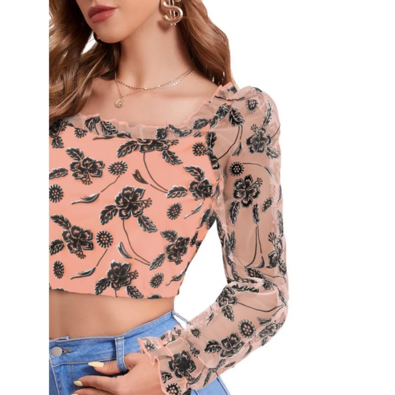 Generic Women's Polyester Solid Full Sleeves Square Collar Top (Peach) - Image 6