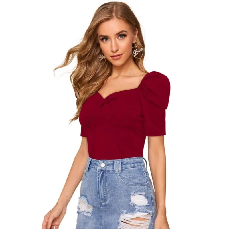 Generic Women's Polyester Solid Puff Short Sleeves Sweetheart Neck Top (Maroon) - Image 3