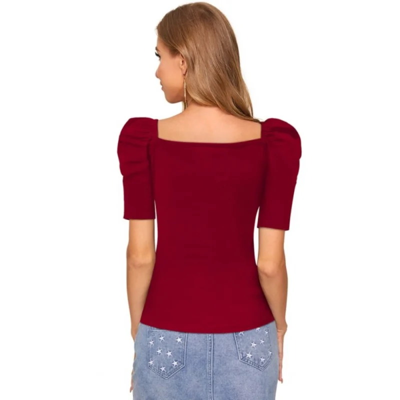 Generic Women's Polyester Solid Puff Short Sleeves Sweetheart Neck Top (Maroon) - Image 2