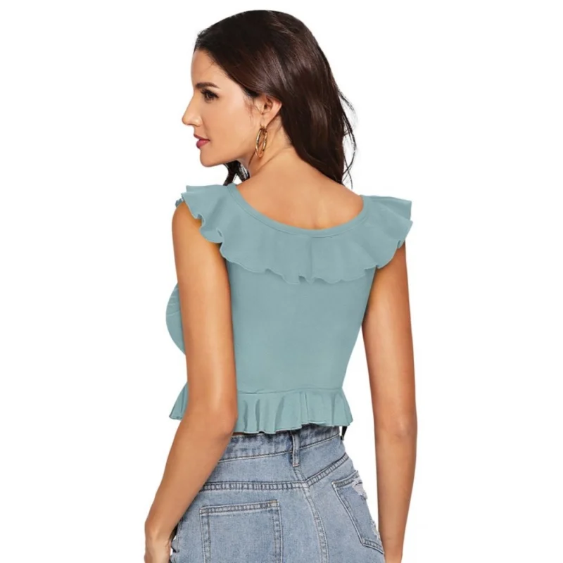 Generic Women's Polyester Solid Sleeveless Ruffle Neck Top (Pista) - Image 3