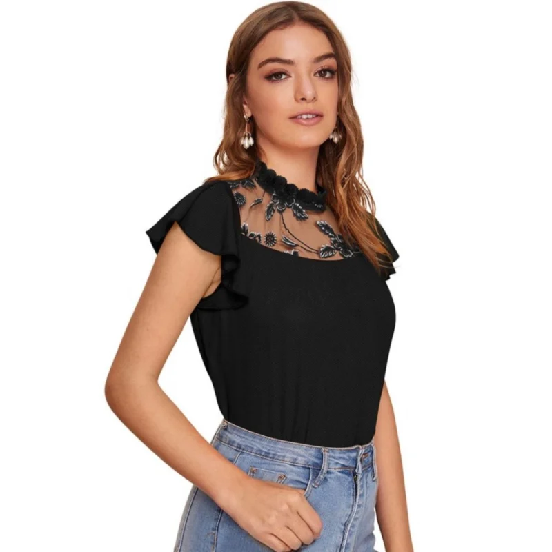 Generic Women's Polyester Solid Cap Sleeve Sweetheart Neck Top (Black) - Image 5