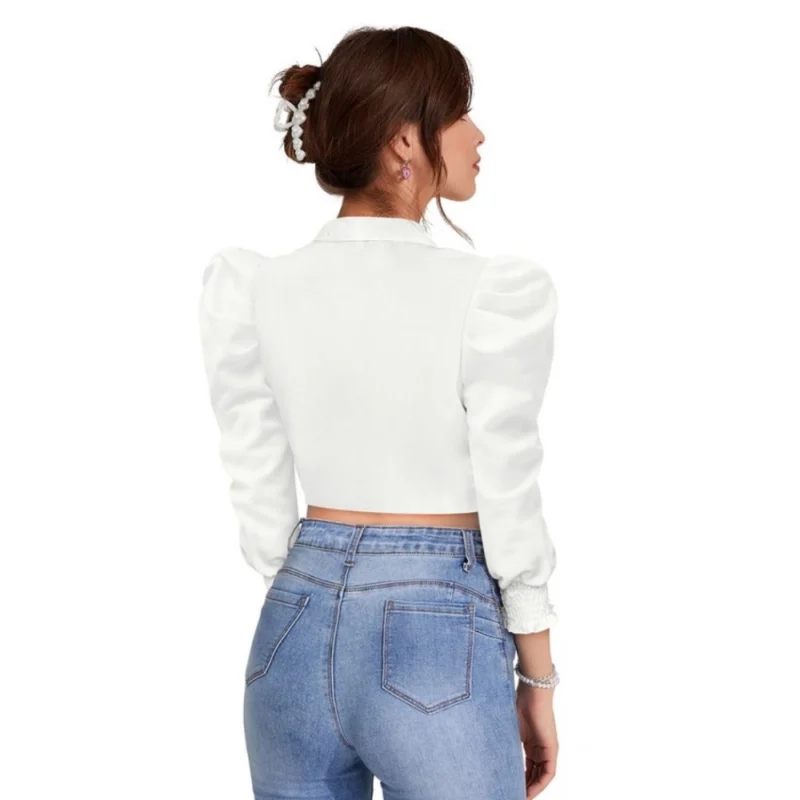 Generic Women's Polyester Solid Puff Sleeves Lapel Collar Top (White) - Image 3