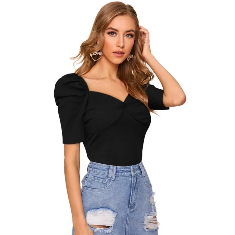 Generic Women's Polyester Solid Puff Short Sleeves Sweetheart Neck Top (Black) - Image 5