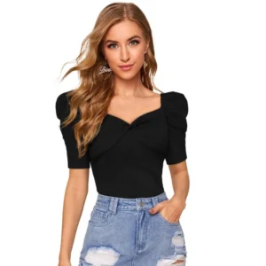 Generic Women's Polyester Solid Puff Short Sleeves Sweetheart Neck Top (Black)