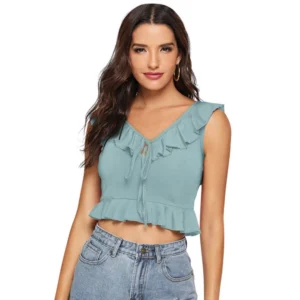 Generic Women's Polyester Solid Sleeveless Ruffle Neck Top (Pista)