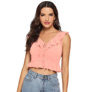 Generic Women's Polyester Solid Sleeveless Ruffle Neck Top (Peach)