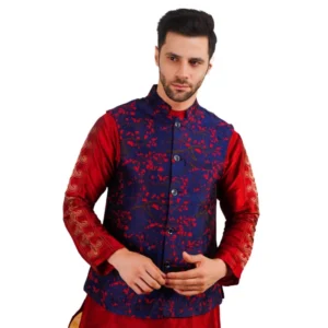 Generic Men's Jacquard Self-Design Sleeveless Mandarin Neck Waistcoat (Blue-Red)