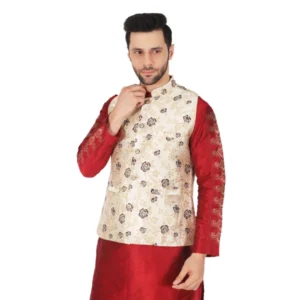 Generic Men's Jacquard Self-Design Sleeveless Mandarin Neck Waistcoat (Cream)