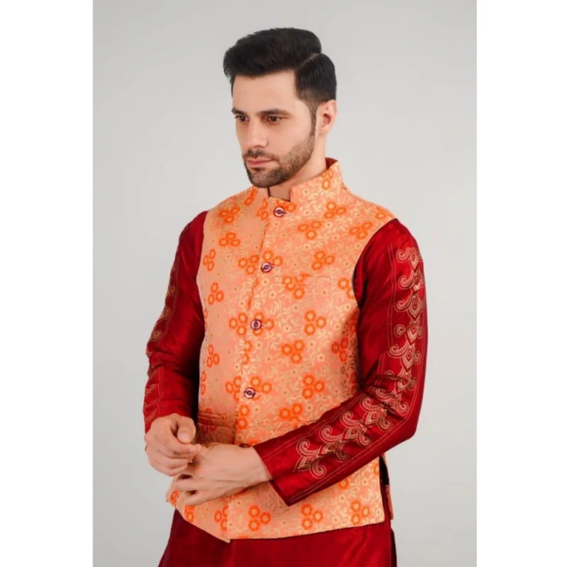 Generic Men's Jacquard Self-Design Sleeveless Mandarin Neck Waistcoat (Orange) - Image 5