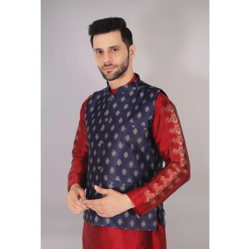 Generic Men's Jacquard Self-Design Sleeveless Mandarin Neck Waistcoat (NavyBlue-Gold) - Image 4