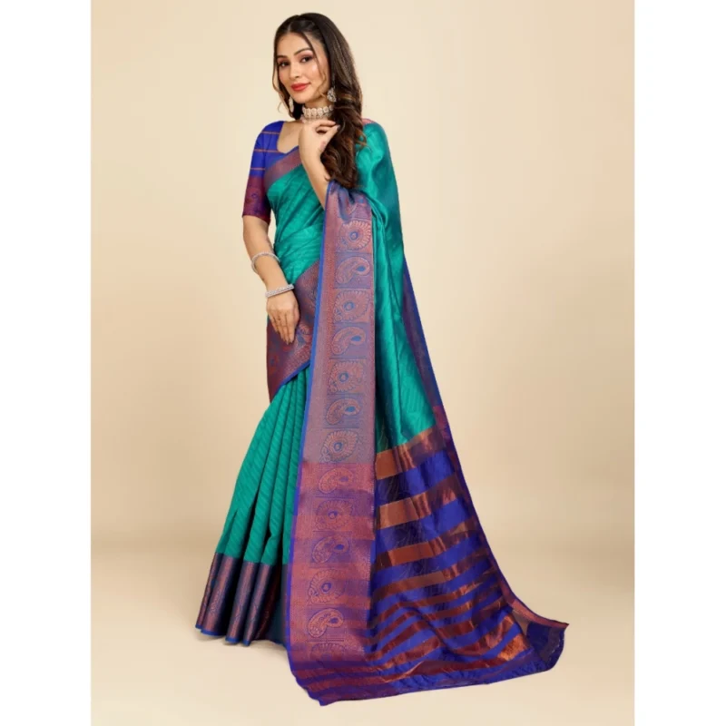Generic Women's Organza Woven Saree With Unstitched Blouse (Green-Blue, 5.5Mtrs) - Image 2