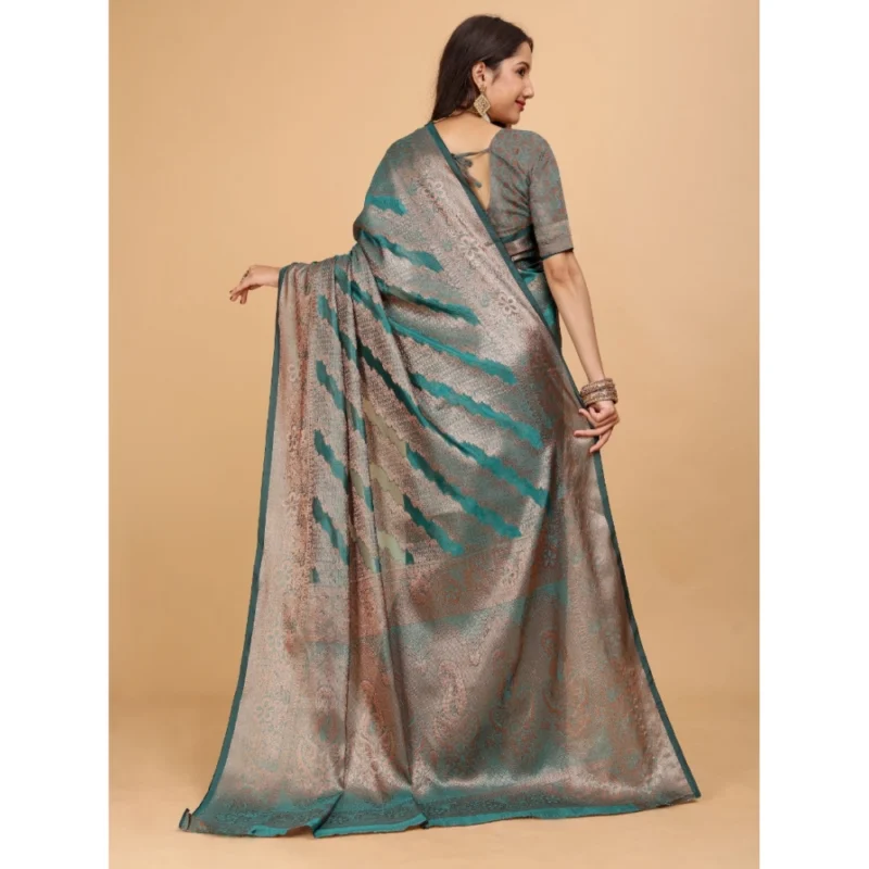 Generic Women's Organza Woven Saree With Unstitched Blouse (Green, 5.5Mtrs) - Image 4