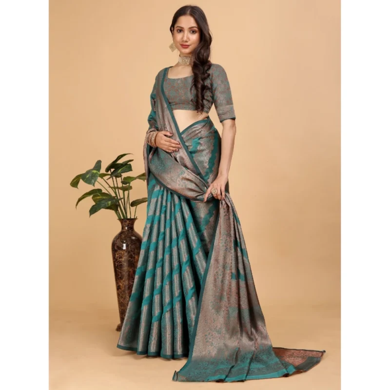 Generic Women's Organza Woven Saree With Unstitched Blouse (Green, 5.5Mtrs) - Image 2