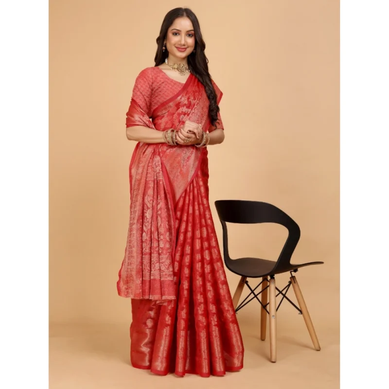Generic Women's Organza Woven Saree With Unstitched Blouse (Red, 5.5Mtrs) - Image 3