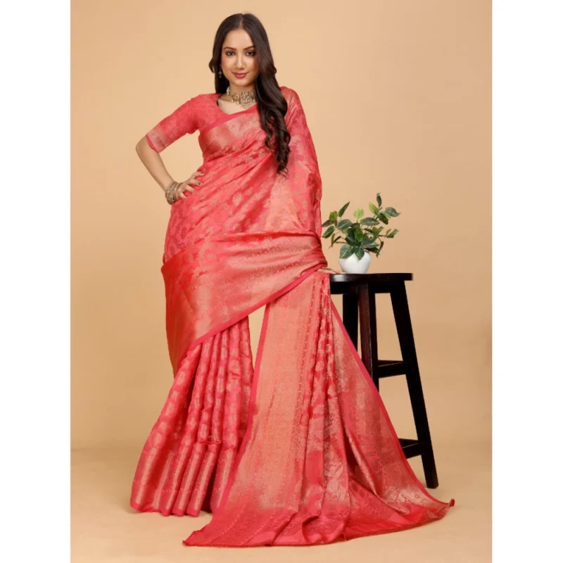Generic Women's Organza Woven Saree With Unstitched Blouse (Magenta, 5.5Mtrs) - Image 2