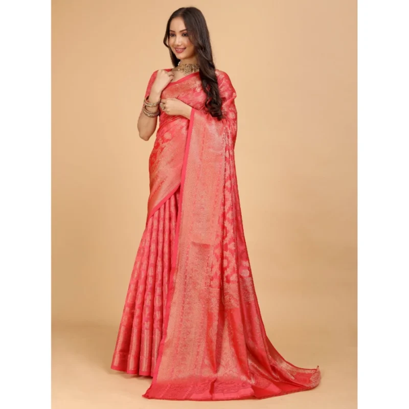 Generic Women's Organza Woven Saree With Unstitched Blouse (Magenta, 5.5Mtrs) - Image 3