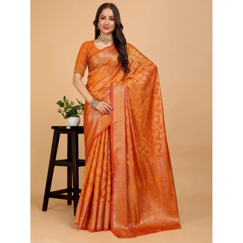 Generic Women's Organza Woven Saree With Unstitched Blouse (Mustard, 5.5Mtrs) - Image 2