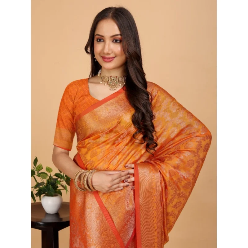 Generic Women's Organza Woven Saree With Unstitched Blouse (Mustard, 5.5Mtrs) - Image 4