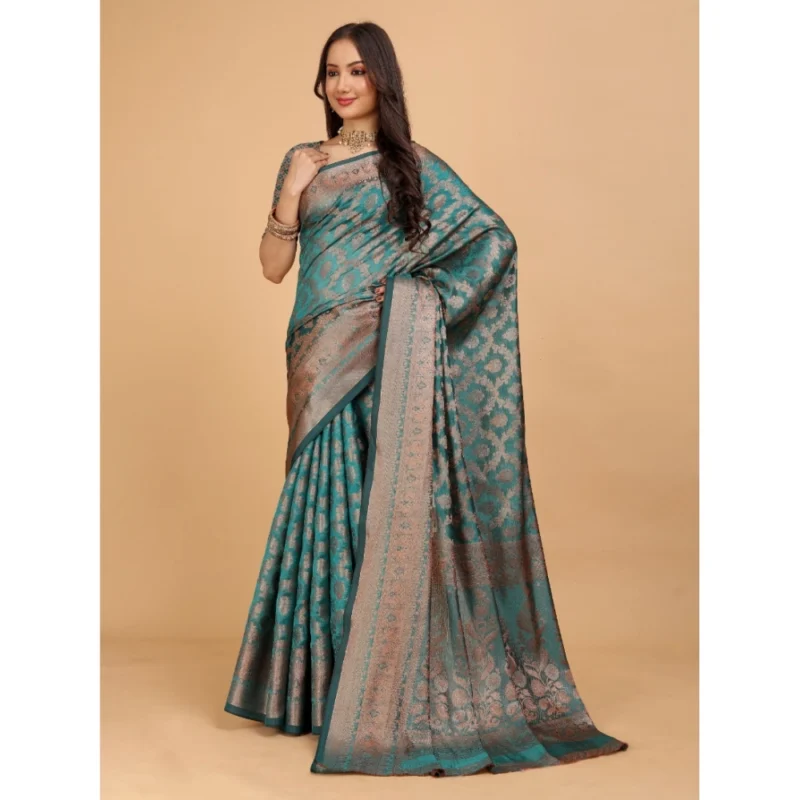 Generic Women's Organza Woven Saree With Unstitched Blouse (Green, 5.5Mtrs) - Image 3