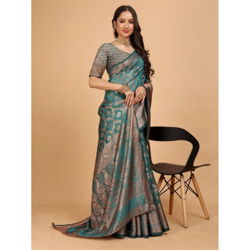 Generic Women's Organza Woven Saree With Unstitched Blouse (Green, 5.5Mtrs) - Image 2