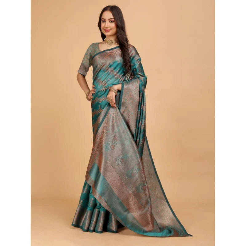 Generic Women's Organza Woven Saree With Unstitched Blouse (Blue-Grey, 5.5Mtrs) - Image 3