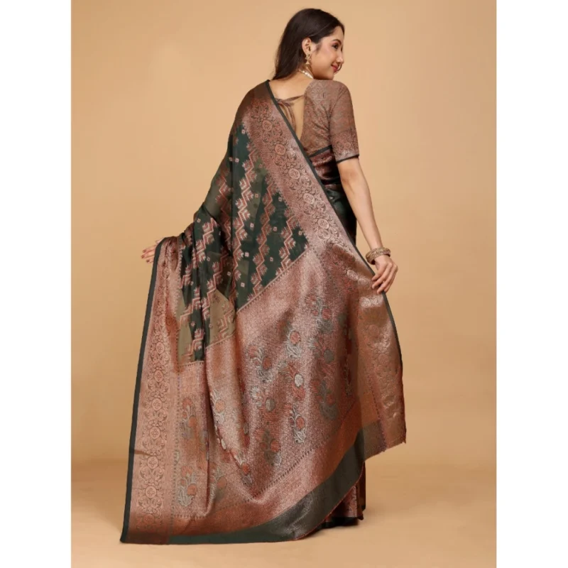 Generic Women's Organza Woven Saree With Unstitched Blouse (Dark Green, 5.5Mtrs) - Image 4