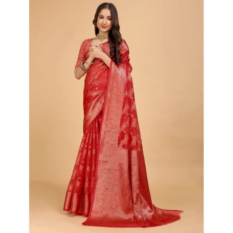 Generic Women's Organza Woven Saree With Unstitched Blouse (Red, 5.5Mtrs) - Image 3