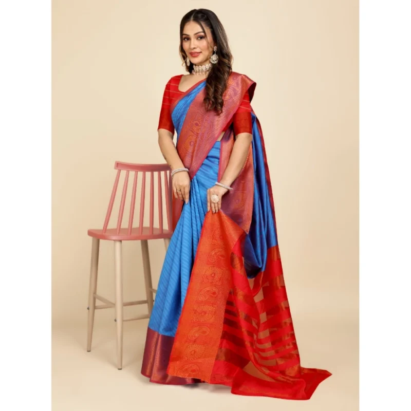 Generic Women's Organza Woven Saree With Unstitched Blouse (Light Blue, 5.5Mtrs) - Image 3