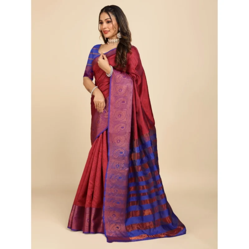 Generic Women's Organza Woven Saree With Unstitched Blouse (Maroon, 5.5Mtrs) - Image 2