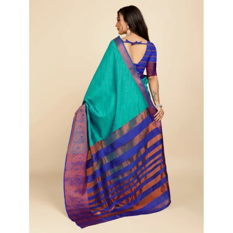 Generic Women's Organza Woven Saree With Unstitched Blouse (Green-Blue, 5.5Mtrs) - Image 3