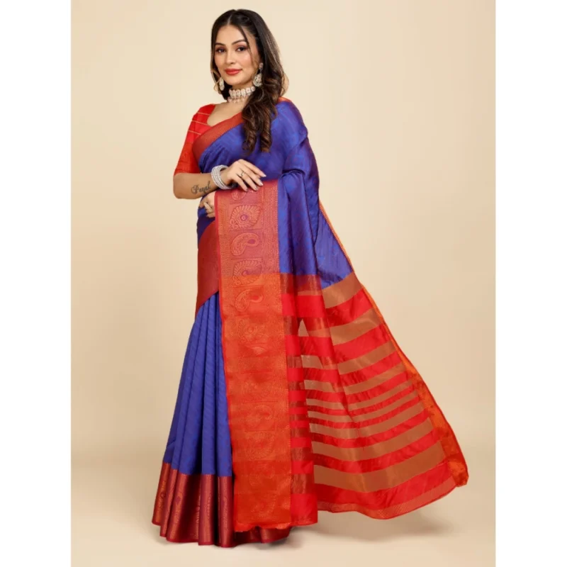 Generic Women's Organza Woven Saree With Unstitched Blouse (Blue, 5.5Mtrs) - Image 2